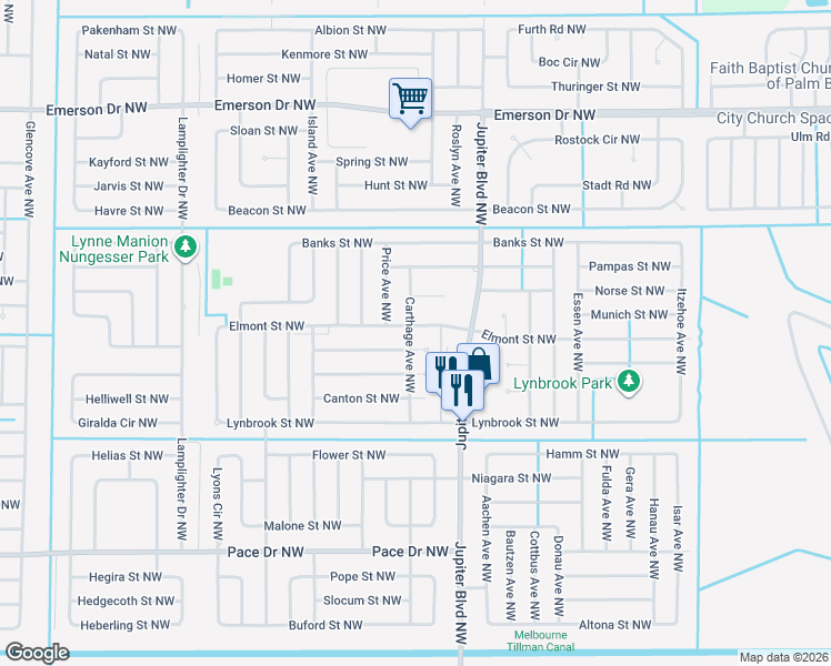 map of restaurants, bars, coffee shops, grocery stores, and more near 976 Elmont Street Northwest in Palm Bay