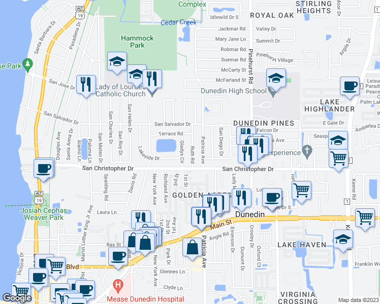 map of restaurants, bars, coffee shops, grocery stores, and more near 1472 Ruth Road in Dunedin