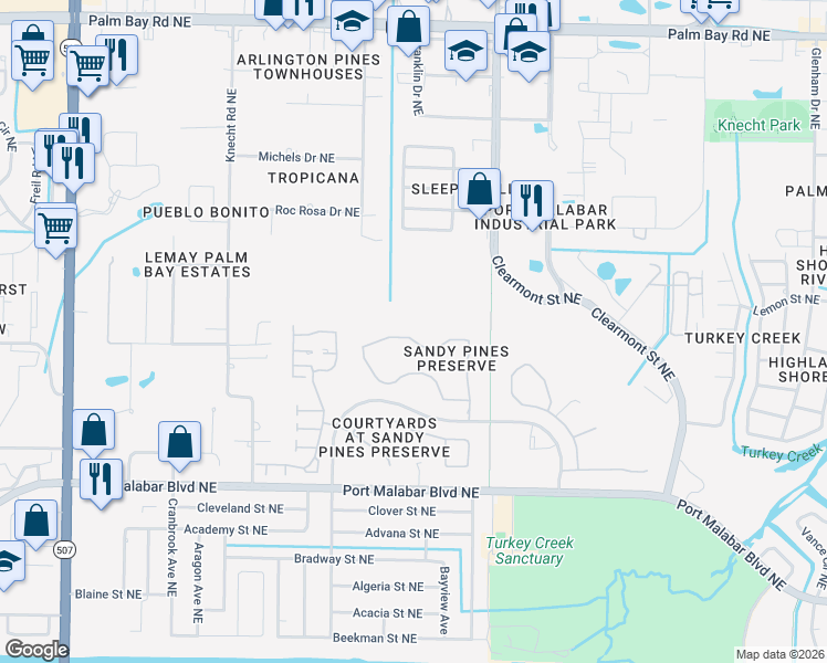 map of restaurants, bars, coffee shops, grocery stores, and more near 2196 Spring Creek Circle in Palm Bay