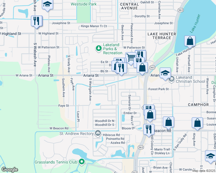 map of restaurants, bars, coffee shops, grocery stores, and more near Woodbrook Parkway in Lakeland