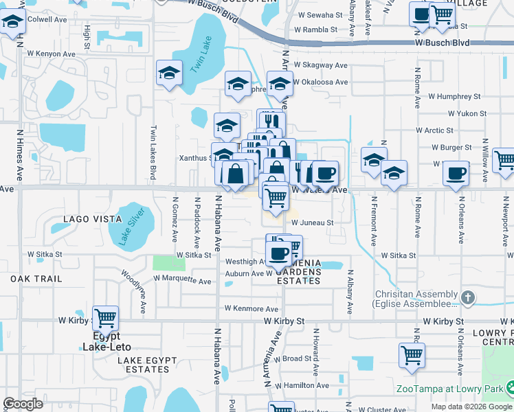 map of restaurants, bars, coffee shops, grocery stores, and more near 2605 West Juneau Street in Tampa