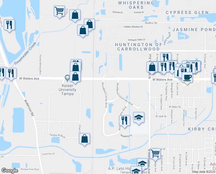 map of restaurants, bars, coffee shops, grocery stores, and more near 4630 Woodland Corporate Boulevard in Tampa