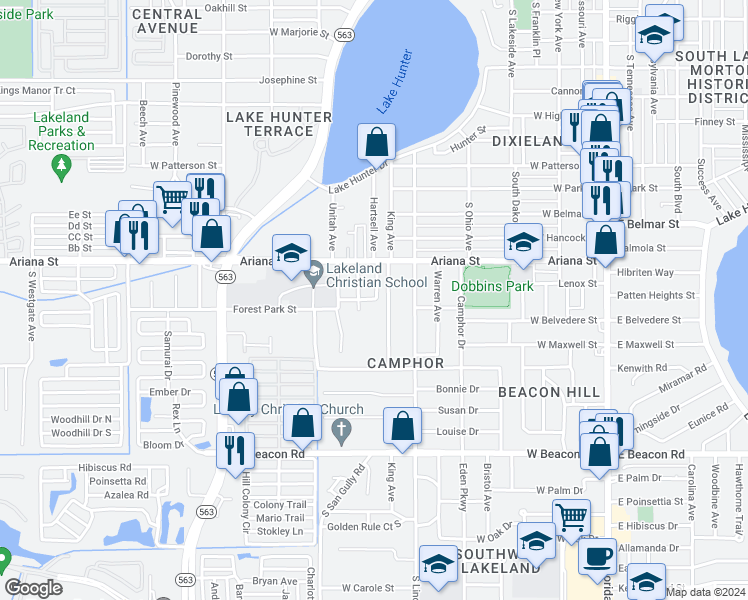 map of restaurants, bars, coffee shops, grocery stores, and more near 904 Marietta Street in Lakeland