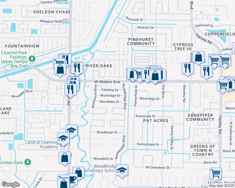 map of restaurants, bars, coffee shops, grocery stores, and more near 8409 Westridge Drive in Tampa