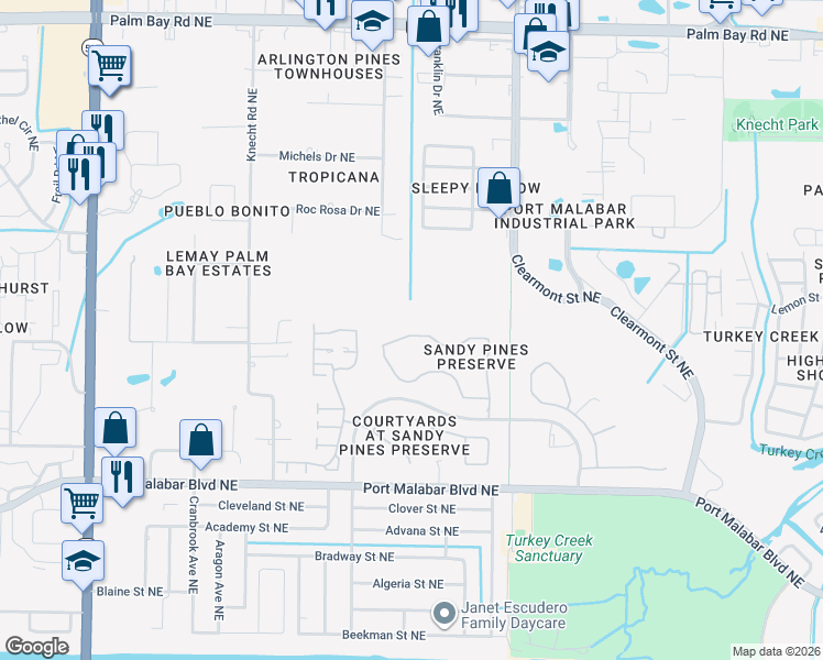 map of restaurants, bars, coffee shops, grocery stores, and more near 2182 Spring Creek Circle in Palm Bay