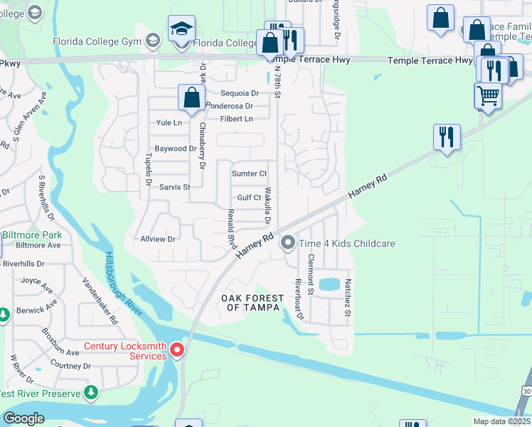 map of restaurants, bars, coffee shops, grocery stores, and more near 7719 Willow Park Drive in Tampa