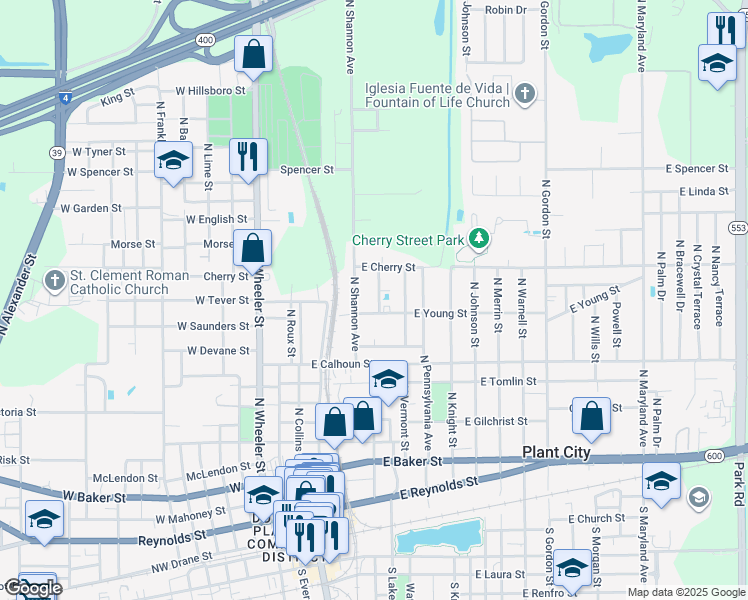 map of restaurants, bars, coffee shops, grocery stores, and more near 1105 McDavid Avenue in Plant City