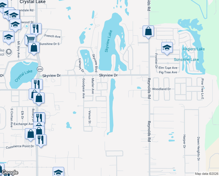 map of restaurants, bars, coffee shops, grocery stores, and more near 1546 Blue Lake Drive in Lakeland