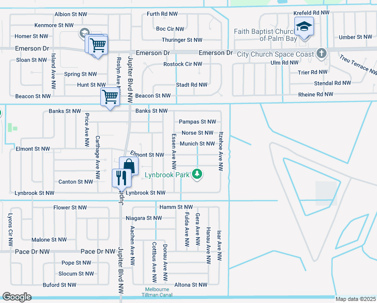map of restaurants, bars, coffee shops, grocery stores, and more near 725 Elmont Street Northwest in Palm Bay