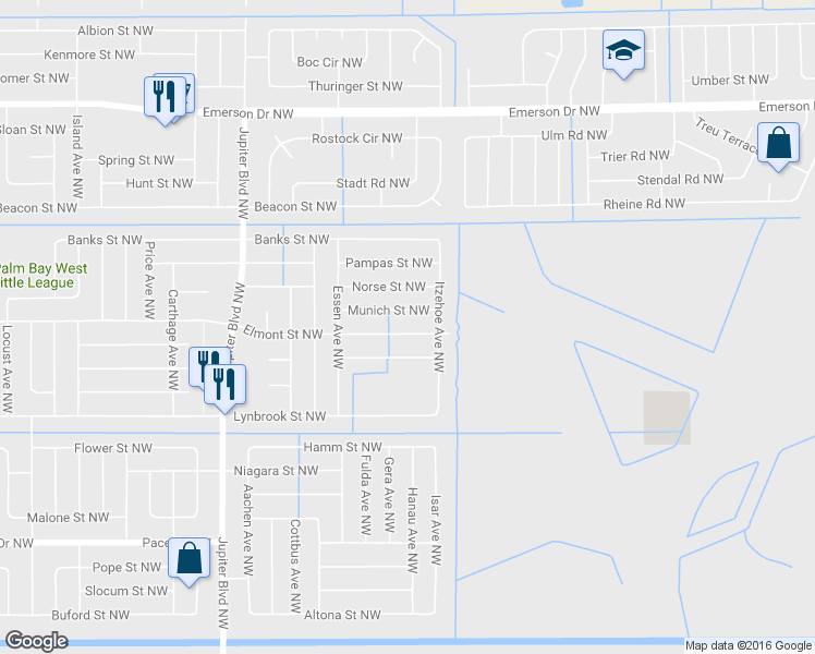 map of restaurants, bars, coffee shops, grocery stores, and more near 667 Elmont Street Northwest in Palm Bay