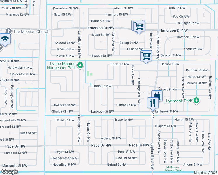 map of restaurants, bars, coffee shops, grocery stores, and more near 1099 Sheridan Avenue Northwest in Palm Bay