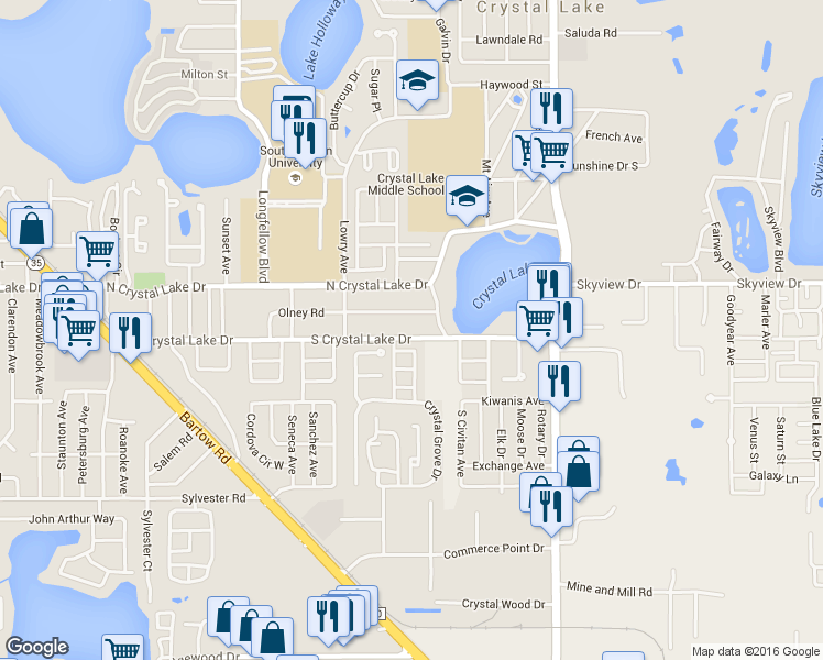 map of restaurants, bars, coffee shops, grocery stores, and more near 2320 South Crystal Lake Drive in Lakeland