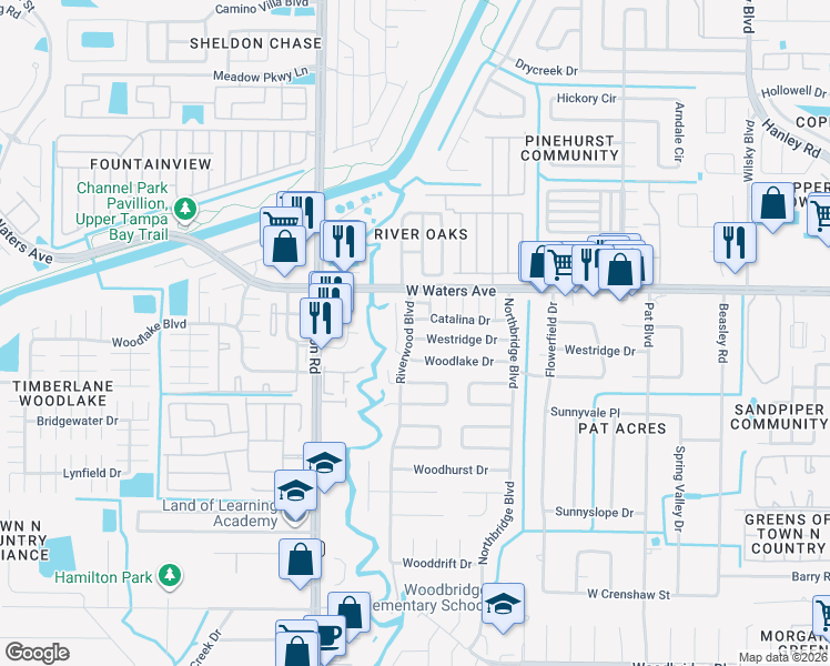 map of restaurants, bars, coffee shops, grocery stores, and more near 8515 Westridge Drive in Tampa
