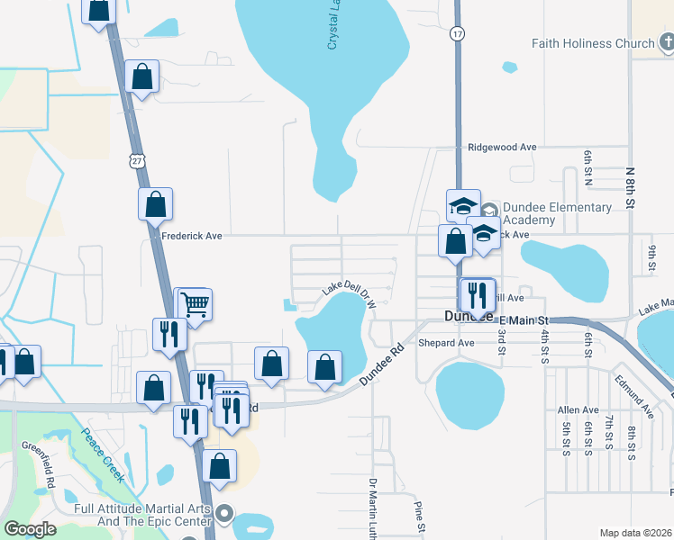 map of restaurants, bars, coffee shops, grocery stores, and more near 172 Juniper Drive West in Dundee