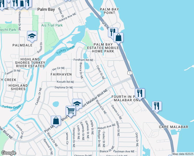 map of restaurants, bars, coffee shops, grocery stores, and more near 3051 Easy Terrace Northeast in Palm Bay