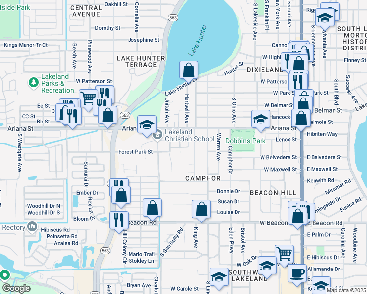 map of restaurants, bars, coffee shops, grocery stores, and more near 909 Marietta Street in Lakeland