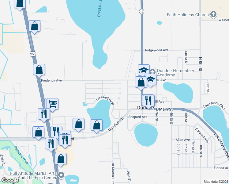 map of restaurants, bars, coffee shops, grocery stores, and more near Juniper Drive East in Dundee