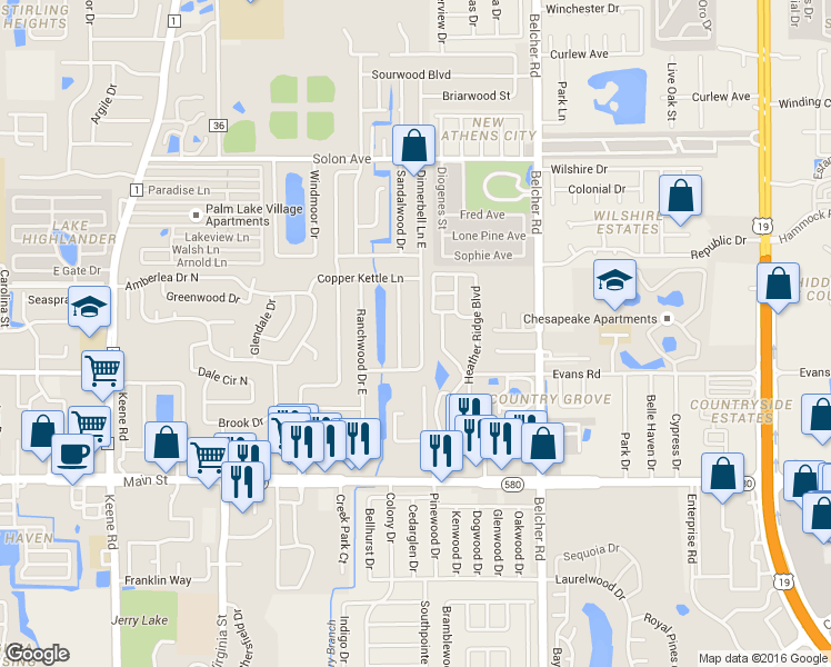 map of restaurants, bars, coffee shops, grocery stores, and more near 1250 Dinnerbell Lane East in Dunedin