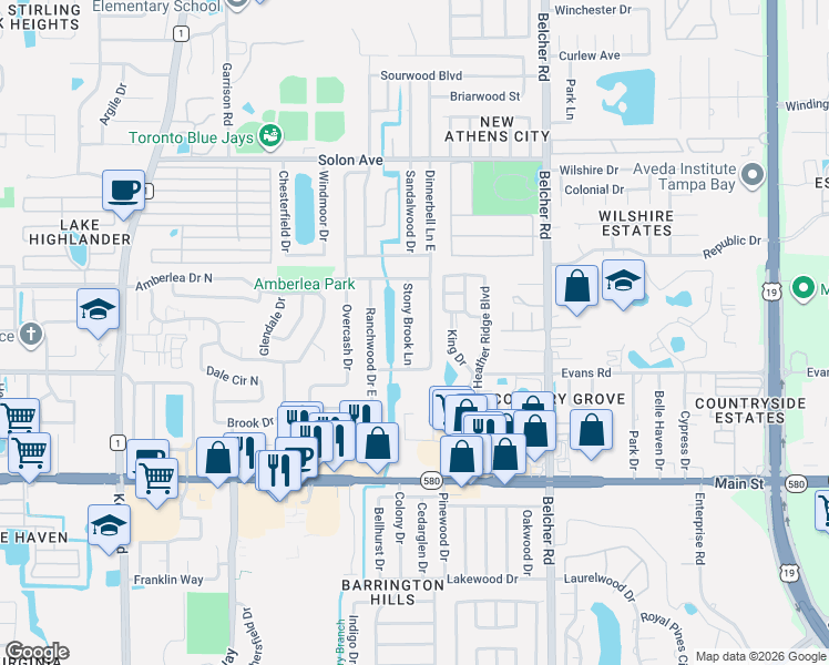 map of restaurants, bars, coffee shops, grocery stores, and more near 1249 Stony Brook Lane in Dunedin
