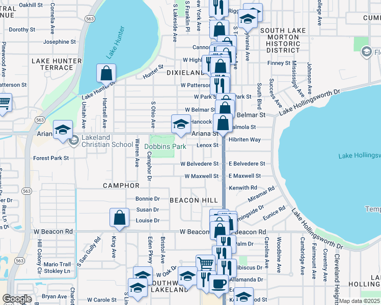 map of restaurants, bars, coffee shops, grocery stores, and more near 1515 New York Avenue in Lakeland
