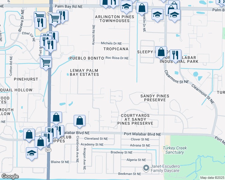 map of restaurants, bars, coffee shops, grocery stores, and more near 1189 Goldenrod Circle Northeast in Palm Bay