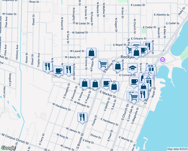 map of restaurants, bars, coffee shops, grocery stores, and more near 107 East Cornwall Street in Rockport