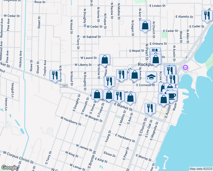 map of restaurants, bars, coffee shops, grocery stores, and more near 107 East Cornwall Street in Rockport