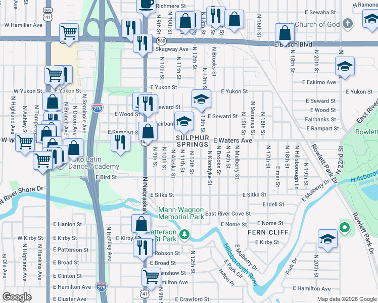 map of restaurants, bars, coffee shops, grocery stores, and more near 8308 North 12th Street in Tampa