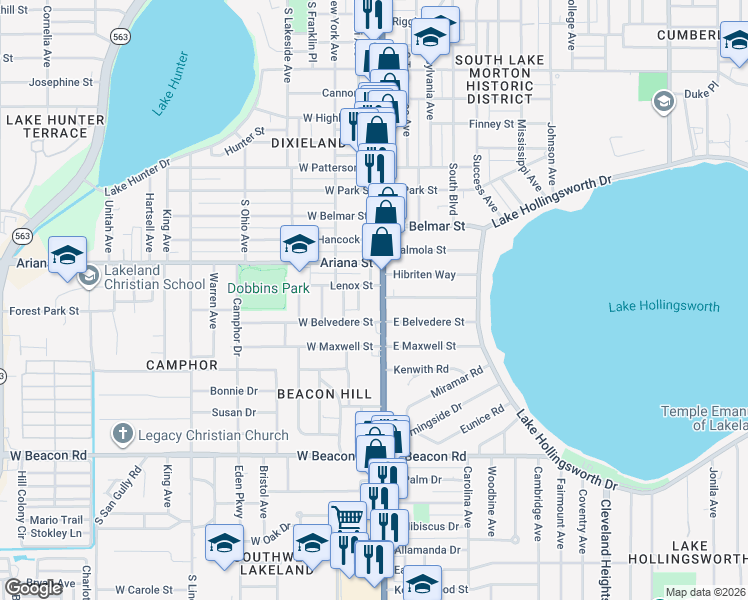 map of restaurants, bars, coffee shops, grocery stores, and more near 1509 Florida Avenue South in Lakeland