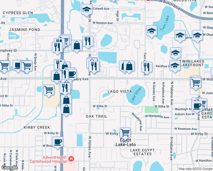 map of restaurants, bars, coffee shops, grocery stores, and more near 8304 Vallejo Place in Tampa