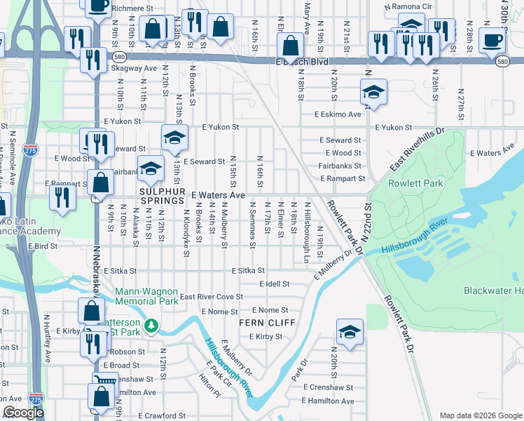 map of restaurants, bars, coffee shops, grocery stores, and more near 8307 North Semmes Street in Tampa