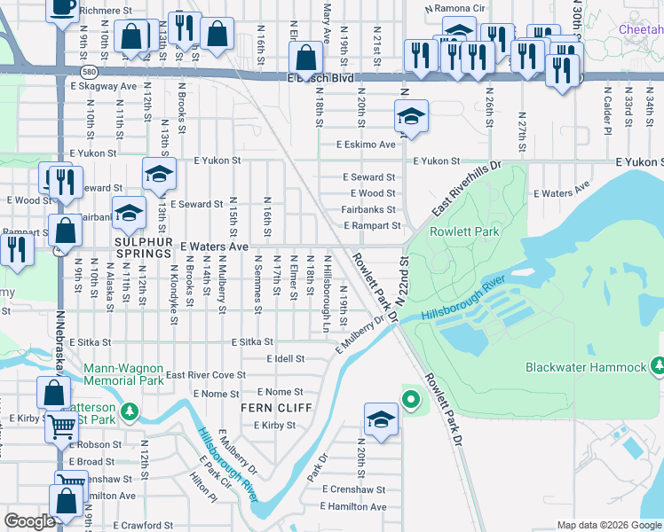 map of restaurants, bars, coffee shops, grocery stores, and more near 8310 North Hillsborough Lane in Tampa