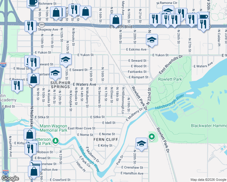 map of restaurants, bars, coffee shops, grocery stores, and more near 8308 North Elmer Street in Tampa