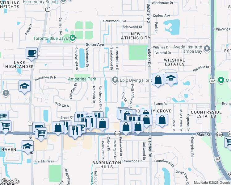 map of restaurants, bars, coffee shops, grocery stores, and more near 1250 Dinnerbell Lane East in Dunedin