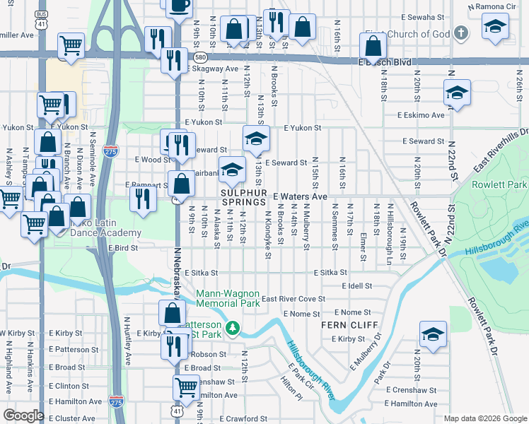 map of restaurants, bars, coffee shops, grocery stores, and more near 8308 Klondyke Street in Tampa