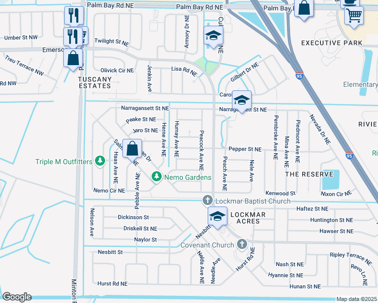 map of restaurants, bars, coffee shops, grocery stores, and more near 370 Pepper Street Northeast in Palm Bay