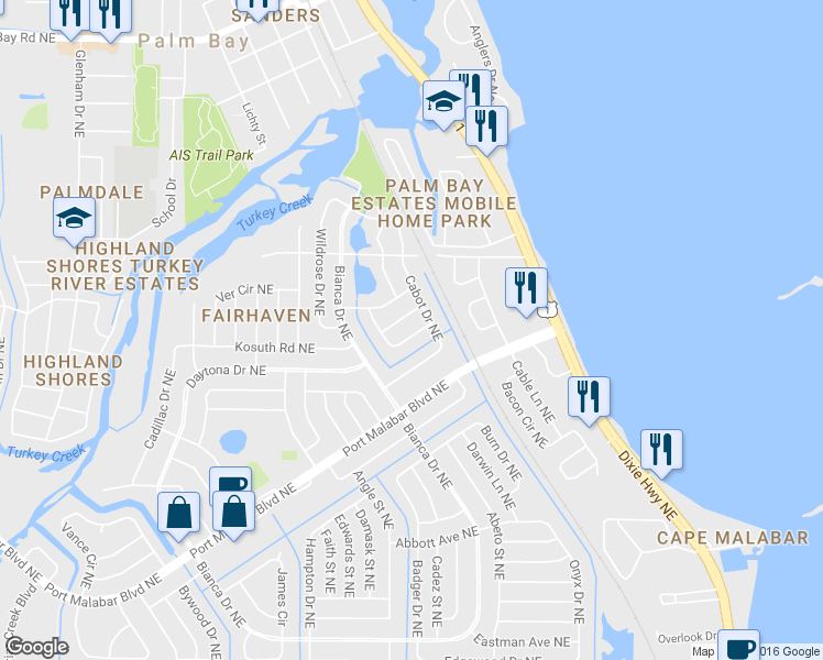 map of restaurants, bars, coffee shops, grocery stores, and more near 3051 Easy Terrace Northeast in Palm Bay