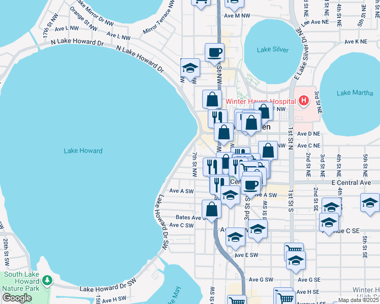 map of restaurants, bars, coffee shops, grocery stores, and more near 302 7th Street Northwest in Winter Haven