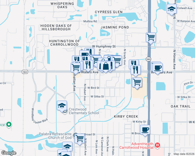 map of restaurants, bars, coffee shops, grocery stores, and more near 8302 North Lois Avenue in Tampa