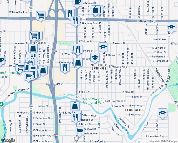 map of restaurants, bars, coffee shops, grocery stores, and more near 8308 North Alaska Street in Tampa