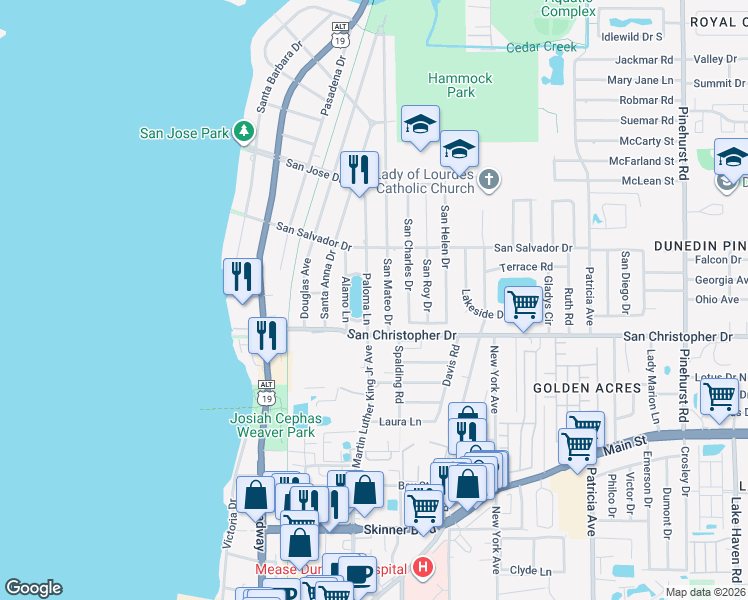 map of restaurants, bars, coffee shops, grocery stores, and more near 1443 Paloma Lane in Dunedin