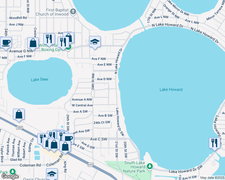 map of restaurants, bars, coffee shops, grocery stores, and more near 2120 Avenue B Northwest in Winter Haven