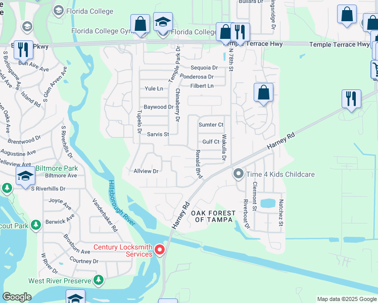 map of restaurants, bars, coffee shops, grocery stores, and more near 7505 Willow Park Drive in Tampa