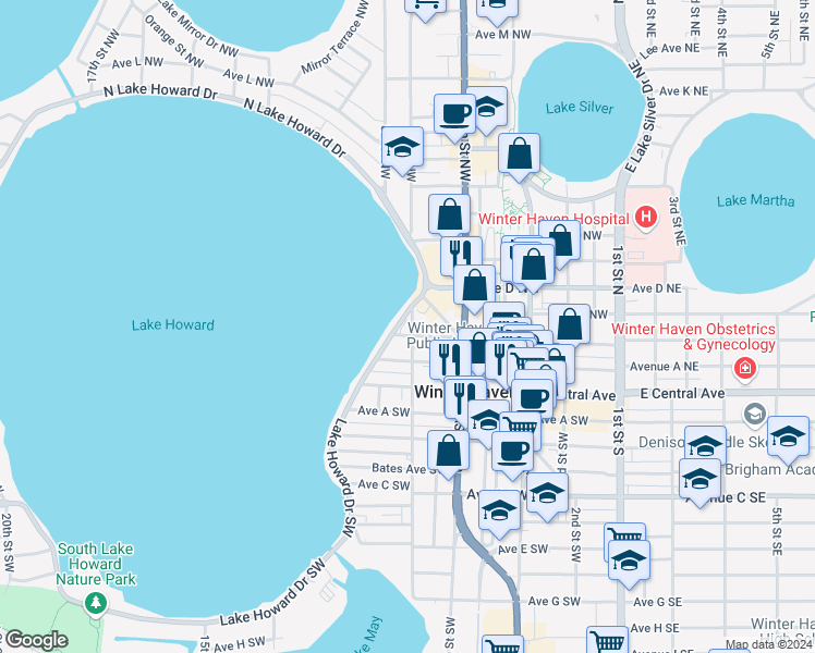 map of restaurants, bars, coffee shops, grocery stores, and more near 302 7th Street Northwest in Winter Haven