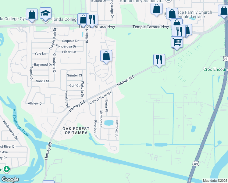 map of restaurants, bars, coffee shops, grocery stores, and more near 8341 Paddlewheel Street in Tampa