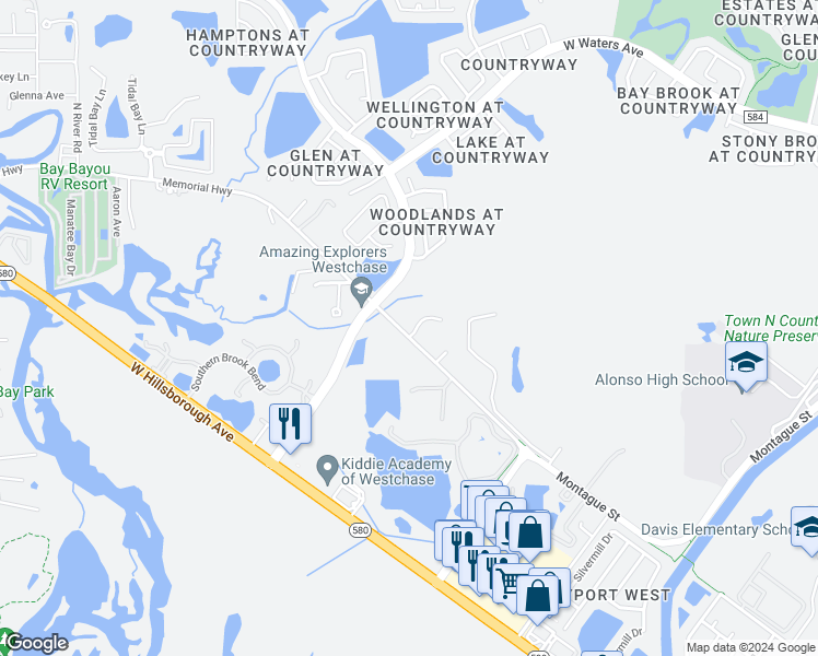map of restaurants, bars, coffee shops, grocery stores, and more near 8102 Pond Shadow Lane in Tampa
