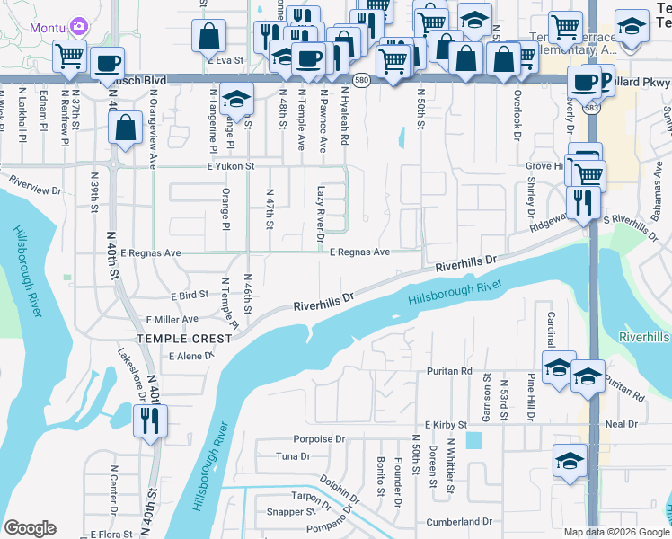 map of restaurants, bars, coffee shops, grocery stores, and more near 8310 North River Oaks Court in Tampa