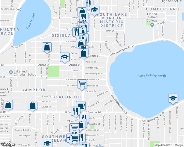 map of restaurants, bars, coffee shops, grocery stores, and more near Patten Heights Street in Lakeland