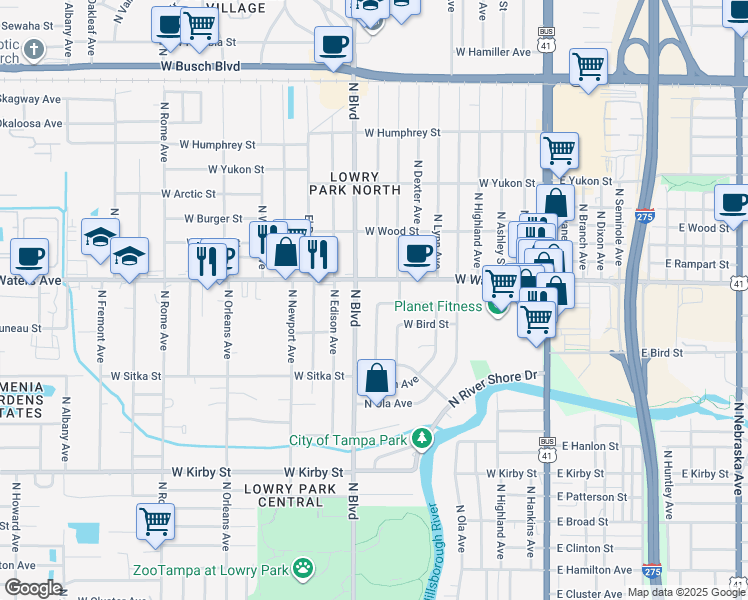 map of restaurants, bars, coffee shops, grocery stores, and more near 709 West Juneau Street in Tampa