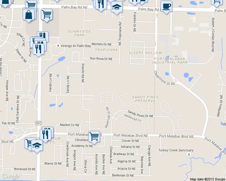 map of restaurants, bars, coffee shops, grocery stores, and more near 1109 Goldenrod Circle Northeast in Palm Bay